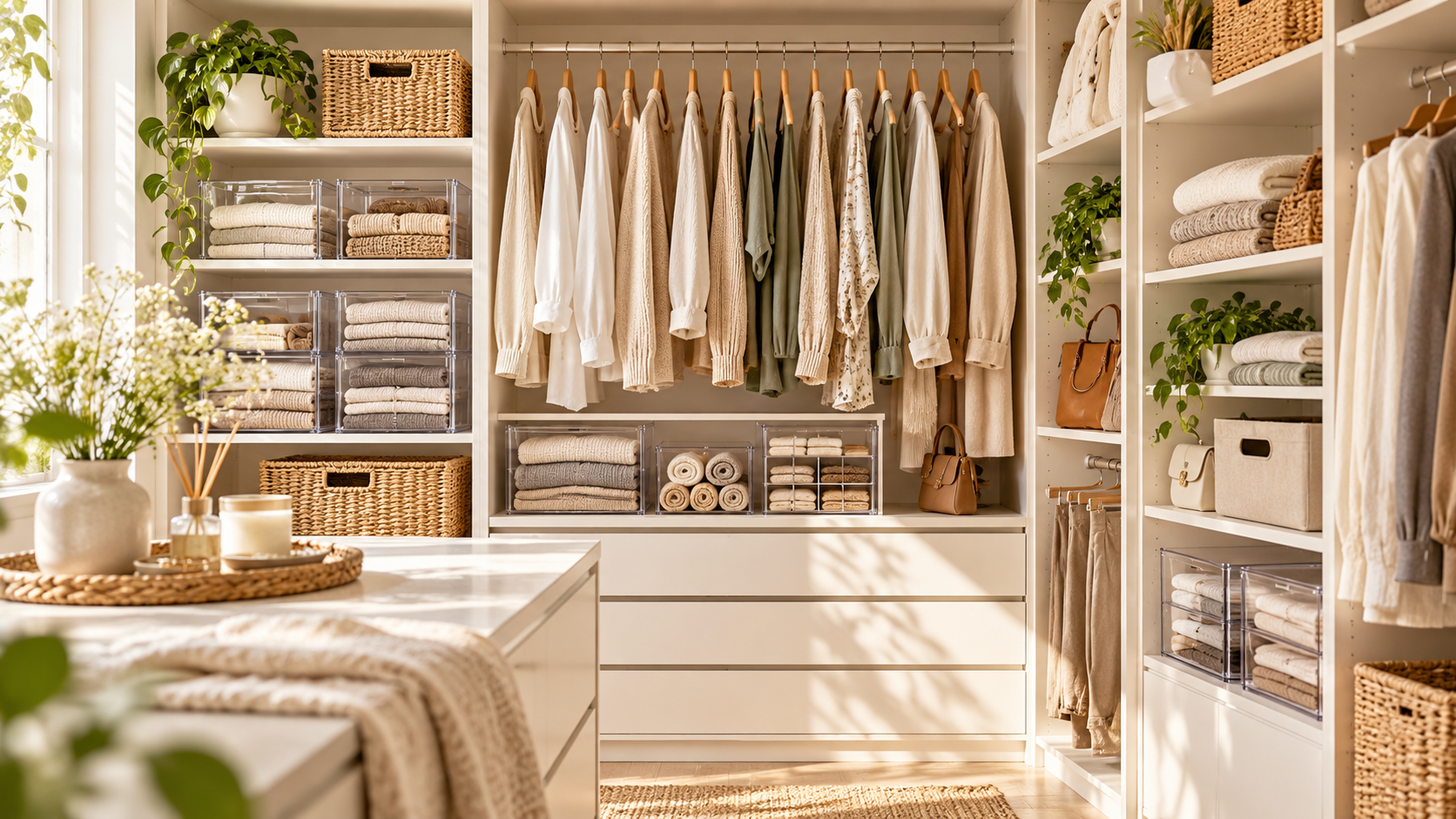 Ordentlich organisierter Kleiderschrank mit Boxen und Körben